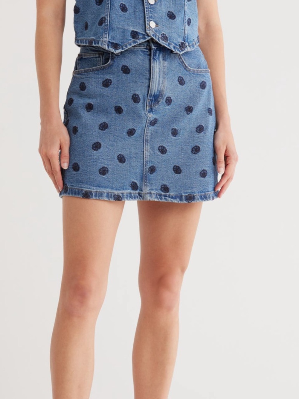 Vero Moda Blue Denim Mini Skirt with Navy Spot Print